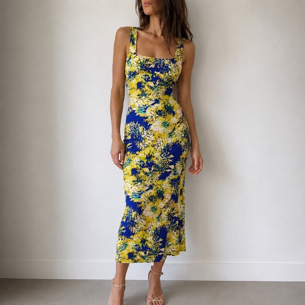 Karen Millen Blue Yellow Floral Maxi Dress Open Back Size 8 Garden Party